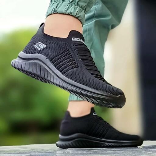 کفش کتونی جورابی اسکیچرز مشکی اسپرت تابستانی کتانی مشکی بدون بند  Skechers